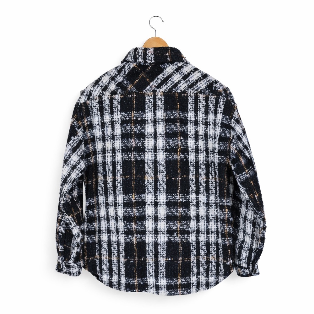 Charlie Luciano Black White Tweed Plaid Oversized Overshirt Button-Up M-L Unisex - Picture 4 of 9